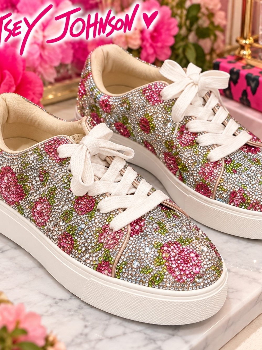 Betsey Johnson Pink Floral Crystal-Embellished Platform Sneakers Size 10